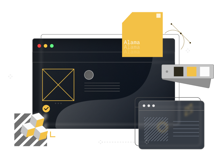 Illustration showing a web browser with small elements with dark brown, yellow, and white colors.